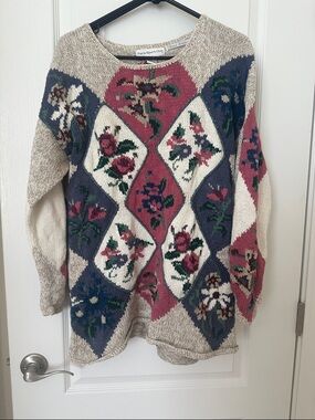 Vintage Paris Sport Club Floral Diamond Argyle Knit Sweater